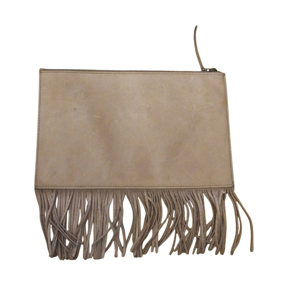 Madewell Tan Leather‎ Fringe Zip Clutch Boho Western Pouch